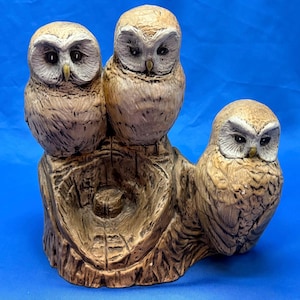 Vintage Ceramic Figurine of Owls Perched on Branch Hand Painted MCM Birds