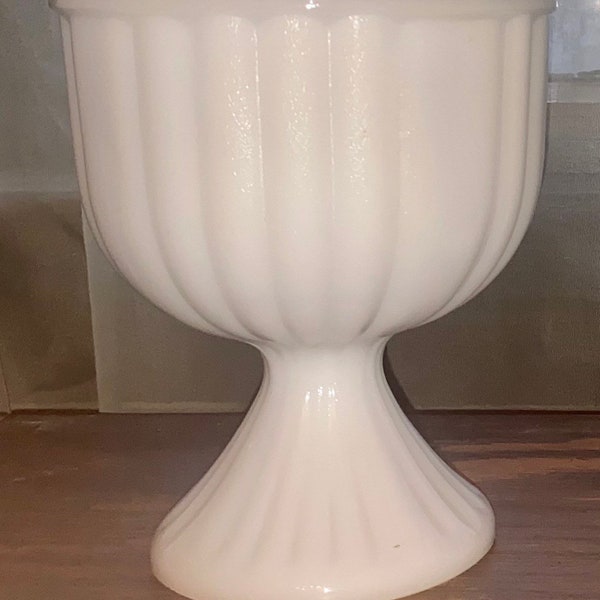 Milk Glass Candy Dish On Pedestal Fluted Ribbed Design 6.5” Tall