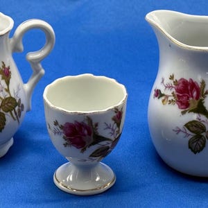 Vintage Porcelain Japan  Moss Rose Floral Creamer, Pitcher, Egg Cup Victorian