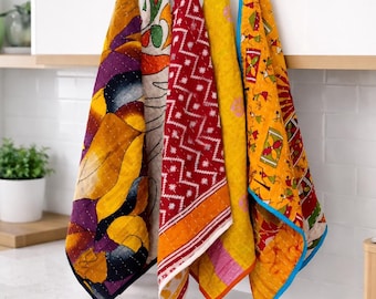 Conjunto de toalhas de cozinha Kantha – Algodão vintage, toalhas de chá indianas feitas à mão