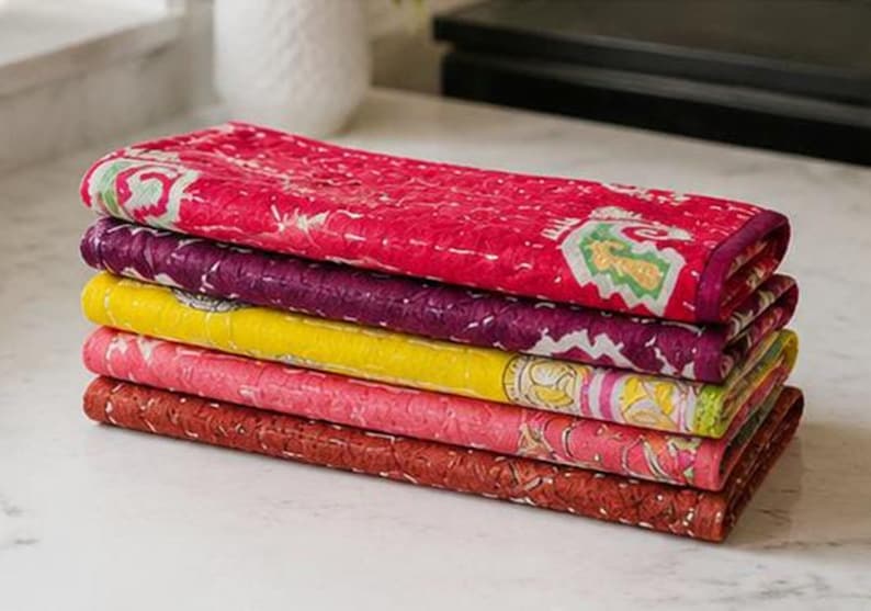 Kantha Kitchen Towel Set of 5-handmade Colorful Vintage Cotton Tea ...