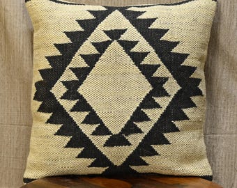Handmade Jute Pillow Cover, Tribal Geometric Kilim Design, 18x18 Pillow Cover , Throw Pillow case