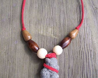 Beachstone and red suede necklace