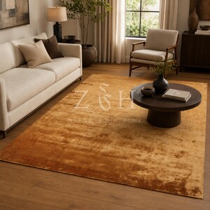 Modern Gold Silk Rug, Handmade Luxe Area Carpet, Contemporary Living Room Statement Rug image 2