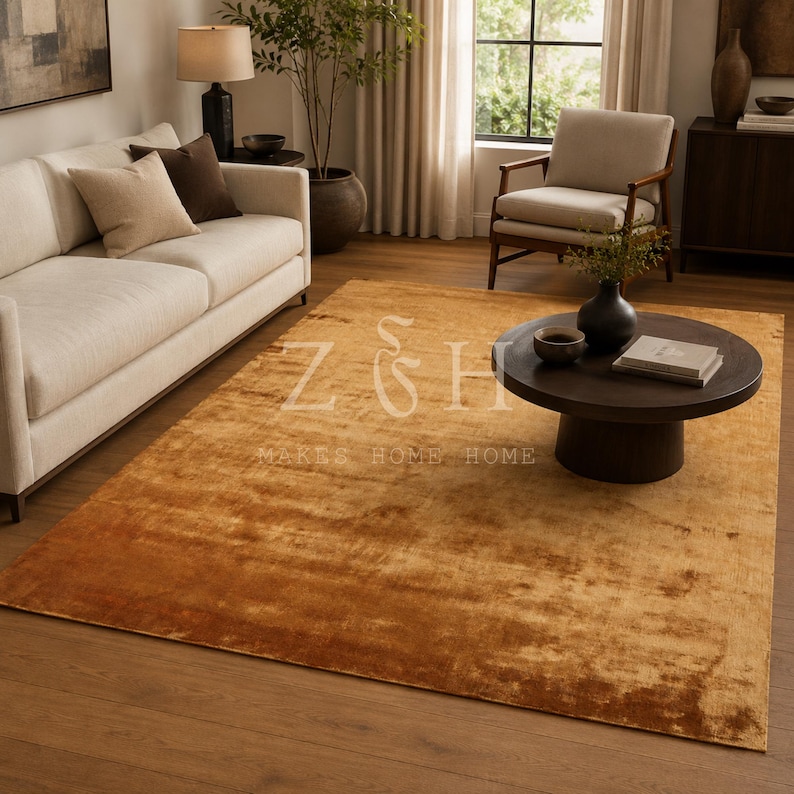 Modern Gold Silk Rug, Handmade Luxe Area Carpet, Contemporary Living Room Statement Rug image 2