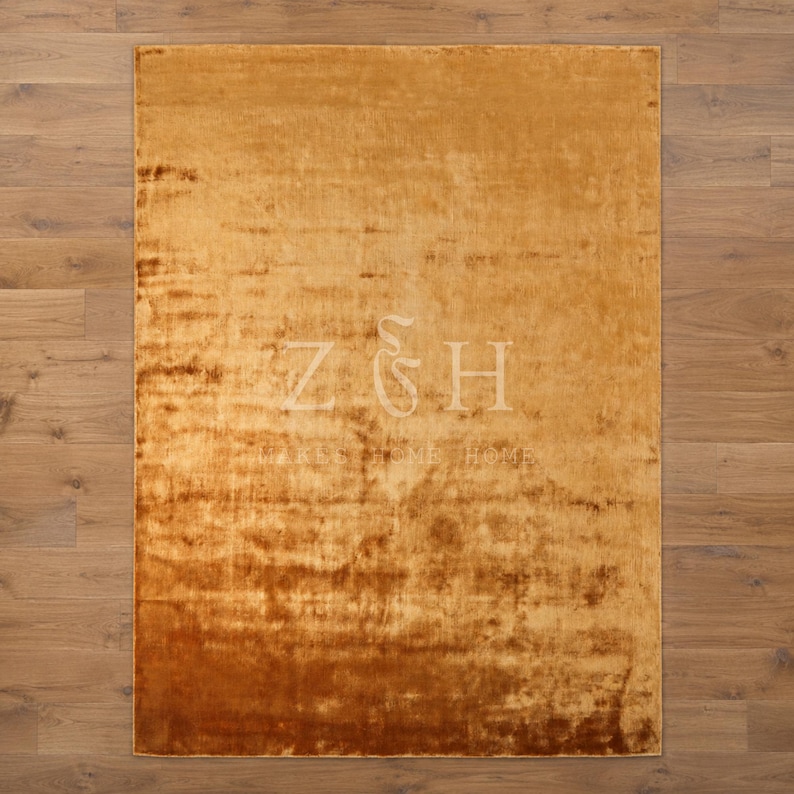 Modern Gold Silk Rug, Handmade Luxe Area Carpet, Contemporary Living Room Statement Rug image 1