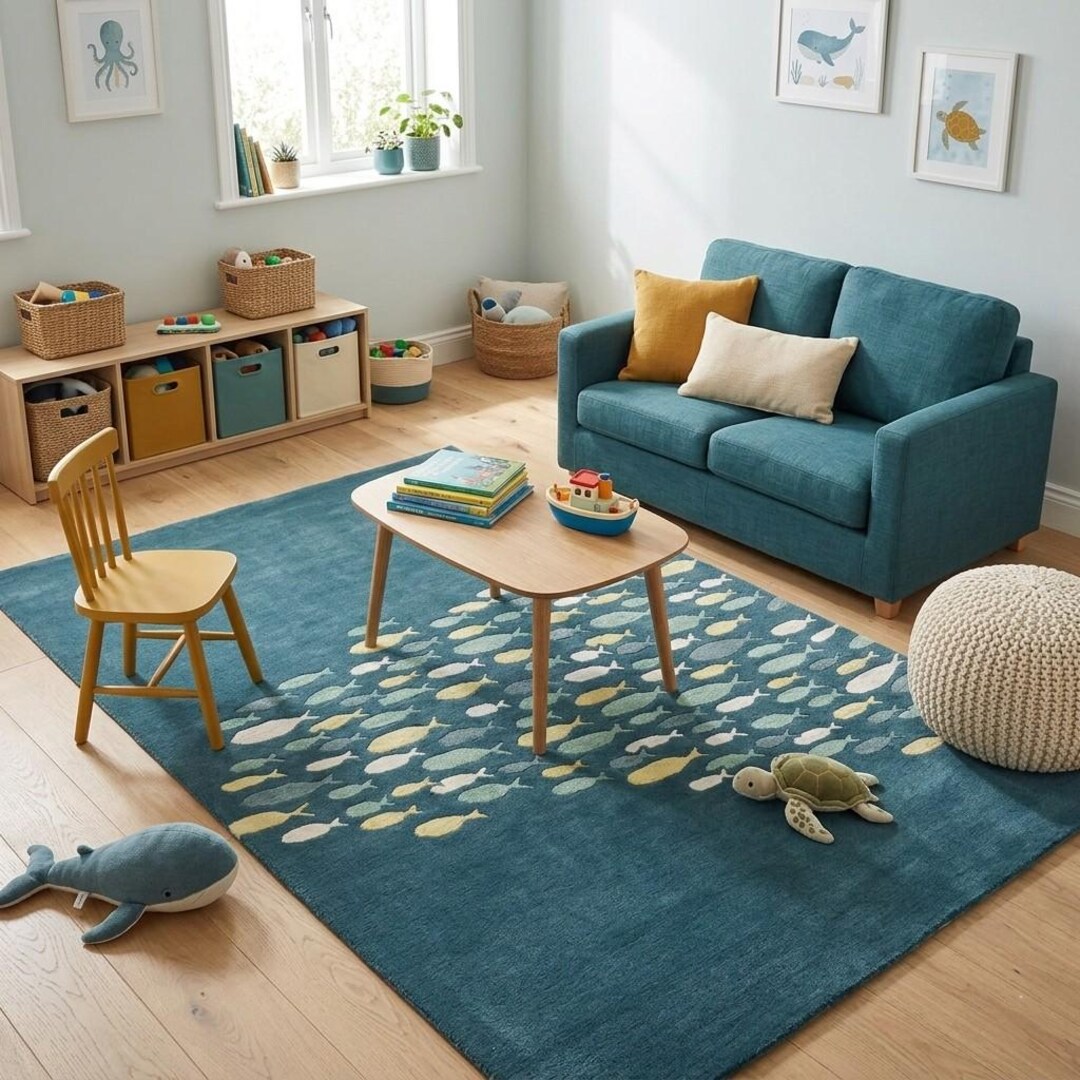 Aquatic Fish Pattern Hand Tufted Rug | 100% New Zealand Wool Modern ...