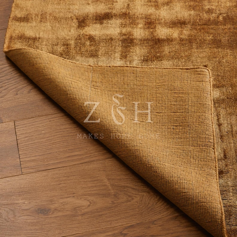 Modern Gold Silk Rug, Handmade Luxe Area Carpet, Contemporary Living Room Statement Rug image 3