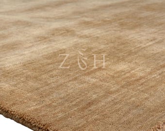 Alfombra de lana 100% tejida a mano, color marrón camel, cepillada – Alfombra de lujo suave y contemporánea.