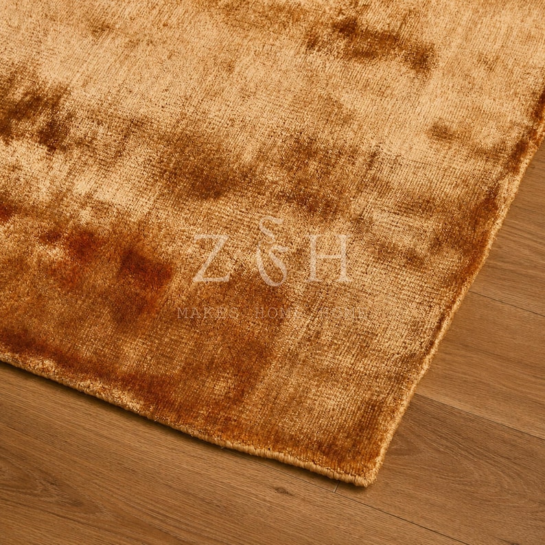 Modern Gold Silk Rug, Handmade Luxe Area Carpet, Contemporary Living Room Statement Rug image 5