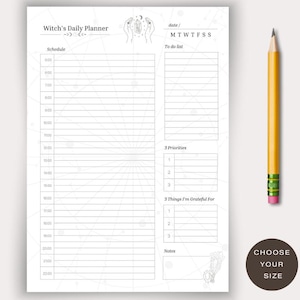 May include: Printable daily planner with the text "Witch's Daily Planner". The planner includes sections for scheduling, to-do lists, priorities, and gratitude. A yellow pencil with a pink eraser is next to the planner. The image also has icons for download, print, and plan.