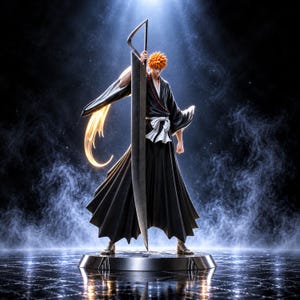 May include: A collectible figurine of a spiky orange-haired character wearing a black kimono with a white sash, holding a massive, long, silver-coloured blade upright. The figure stands on a circular metallic base amidst a dark, smoky atmosphere.