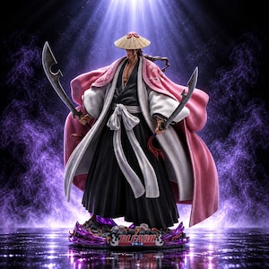 Puede incluir: Una figura coleccionable detallada de un guerrero con sombrero de paja, kimono negro y un haori rosa y blanco. La figura sostiene dos hojas curvas sobre una base con el logotipo de Bleach, rodeada de efectos de humo de color púrpura.