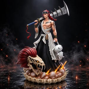 Op de afbeelding: Een gedetailleerd anime-figuur van een krijger met lang rood haar, gekleed in een zwart-witte kimono, met een groot gekarteld zwaard over de schouder. Een kleine witte konijnenknuffel en een grote schedel van een wezen staan aan de basis.