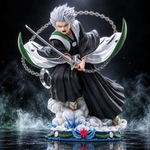 May include: A detailed anime-style figurine of a character with spiky white hair, wearing a black and white kimono with a green collar. The figure holds a sword with a star-shaped guard, surrounded by a silver chain, standing on a cloud-like base.