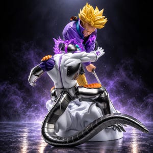 以下が含まれることがあります： 紫のジャケットを着た金髪のキャラクターが剣を振るい、長い節のある尻尾を持つ白とメタリックブラックのサイボーグの敵と戦う様子を表現した、雲のような台座に乗ったダイナミックなアクションフィギュアセット。