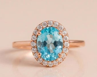 Anillo ovalado con halo de aguamarina • Anillo de promesa de oro • Piedra de nacimiento de marzo
