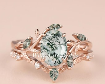 Vintage Moss Agate Engagement Ring Set – Art Deco Yellow Gold Bridal Ring
