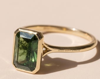 Handmade Gold Moldavite Ring | Emerald Cut Green Gemstone