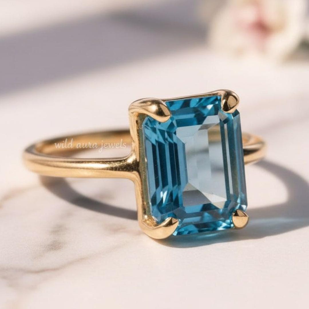 Emerald Cut London Blue Topaz Ring • Sterling Silver or Gold Solitaire ...