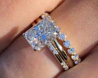Conjunto de anillos de compromiso y aniversario para mujer con moissanita talla radiante, conjunto de anillos de boda de oro macizo de 18 quilates con tres alianzas de eternidad, anillo de compromiso para mujer.