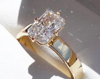 Anillo de bodas de moissanita de corte radiante de 2,5 quilates, solitario, banda de cigarro, brillante, diamante, oro macizo, banda gruesa, anillo nupcial de lujo, joyería única
