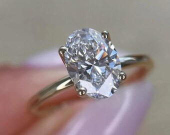 Anillo de compromiso de moissanita de talla ovalada para mujer, anillo con engaste tipo catedral de oro de 18 quilates, anillo de boda solitario tulipán de 2 quilates, joyería nupcial hecha a mano.
