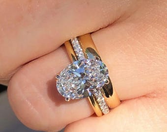 Conjunto de anillos de compromiso y boda con moissanita ovalada de 4 quilates, conjunto de tres anillos, regalo de aniversario, conjunto de alianzas a juego de oro macizo de 18 quilates, regalos de boda.