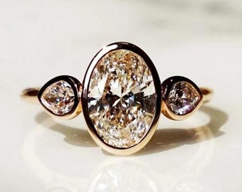 Oval Cut Moissanite Three Stone Engagement Ring, 14K Solid Gold Pear Side Stones Wedding Ring Full Bezel Set Proposal Ring For Girlfriend
