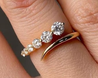 Anillo de compromiso de oro macizo de 14 quilates con diamantes, alianza minimalista de eternidad, fino anillo de boda con diamantes, delicada joyería con detalles milgrain.