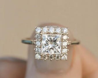 Princess Cut Moissanite Halo Engagement Ring, 14K Solid Gold Wedding Anniversary Ring, Bridal Proposal Ring Gift Statement Jewelry For Women
