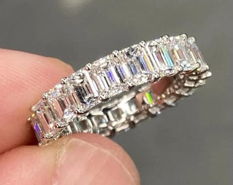 Anillo de boda nupcial de oro blanco de 14 quilates con moissanita de corte esmeralda, anillo de compromiso apilable, anillo de aniversario, joyería de diseñador.