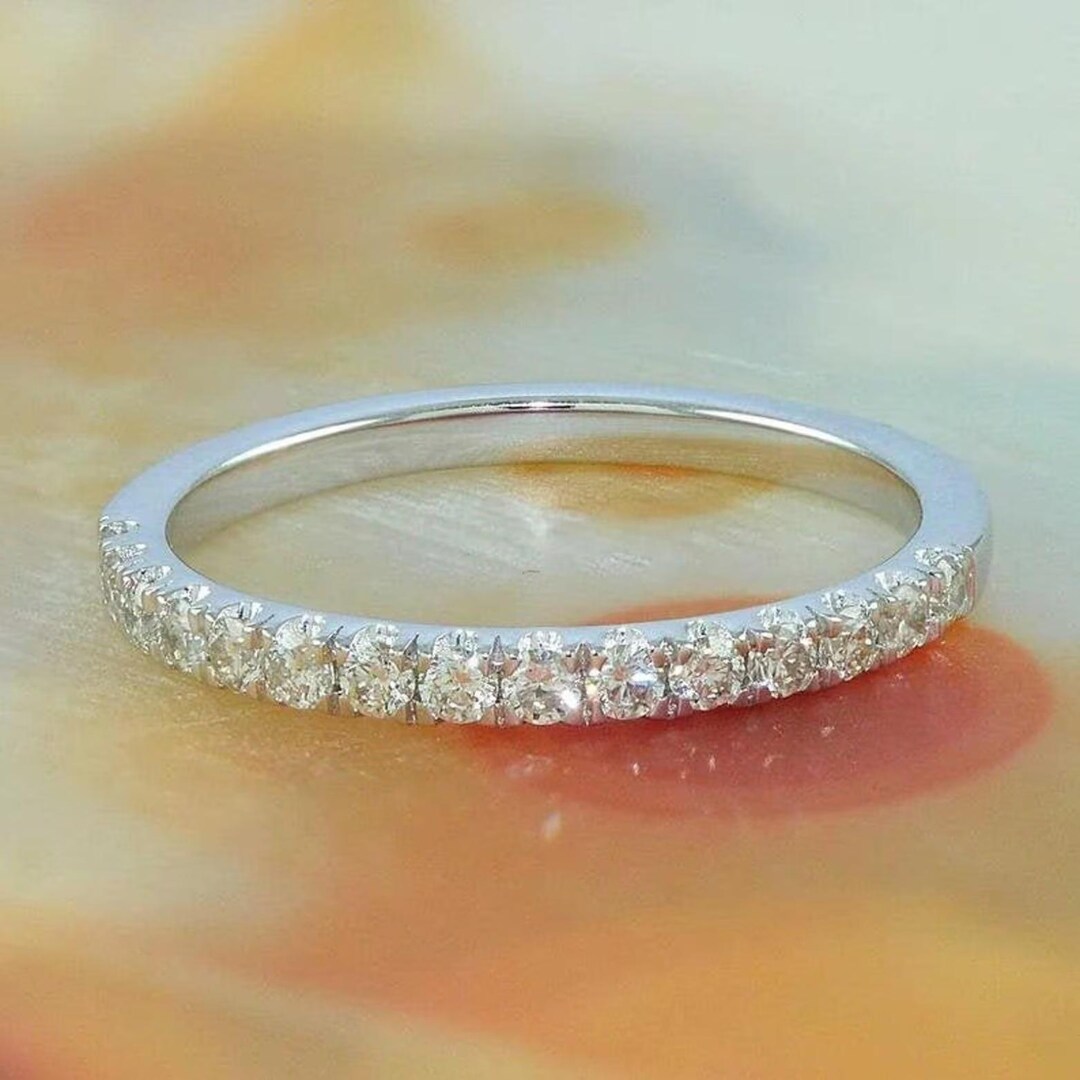 Round Cut Moissanite Half Eternity Bridal Band 14K Solid Yellow Gold ...