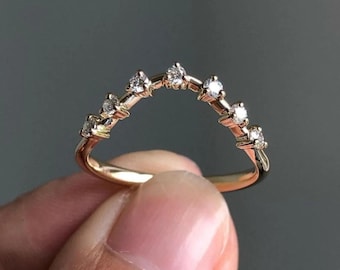 Anillo burbuja redondo, media alianza de eternidad, alianza de boda de moissanita, oro amarillo macizo de 10K-14K-18K, alianza a juego con pavé de distancia.