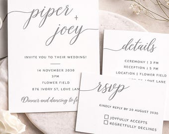 Wedding Invitation Template Set Editable Minimal Elegant Wedding Suite Instant Download Classic Modern Invite