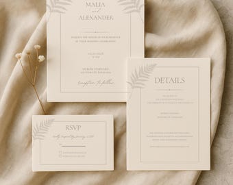 Hawaiian Wedding Invitation Fern Template Set Editable Minimal Elegant Wedding Suite Instant Download