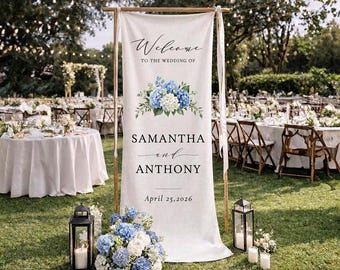 Blue Hydrangea Toile Personalized Wedding Welcome Signage Custom Linen Fabric Tapestry Floral Wedding Decor