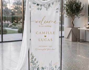 Printed Sage Wedding Welcome Sign, Custom Ceremony Linen banner