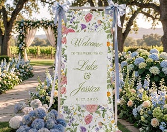 Bright Floral Personalized Linen Tapestry Seating Chart and Wedding Welcome Signage Bundle Custom Wildflower Wedding Reception Decor
