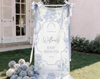 Baby Shower Welcome Sign Toile De Jouy Personalized Chinoiserie Safari Baby Shower Decor Dusty Blue Boy Baby Shower