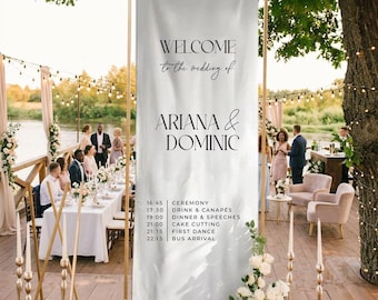 Modern Wedding Welcome Sign with Timeline, Minimalist Wedding Schedule Banner, Fabric Wedding Sign