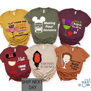 May include: Six t-shirts in different colours, each with a unique design related to drinks and pop culture. The shirts feature phrases such as "Making Pour Decisions" and "May the Buzz Be With You". The text "Ship Next Day" is also visible.