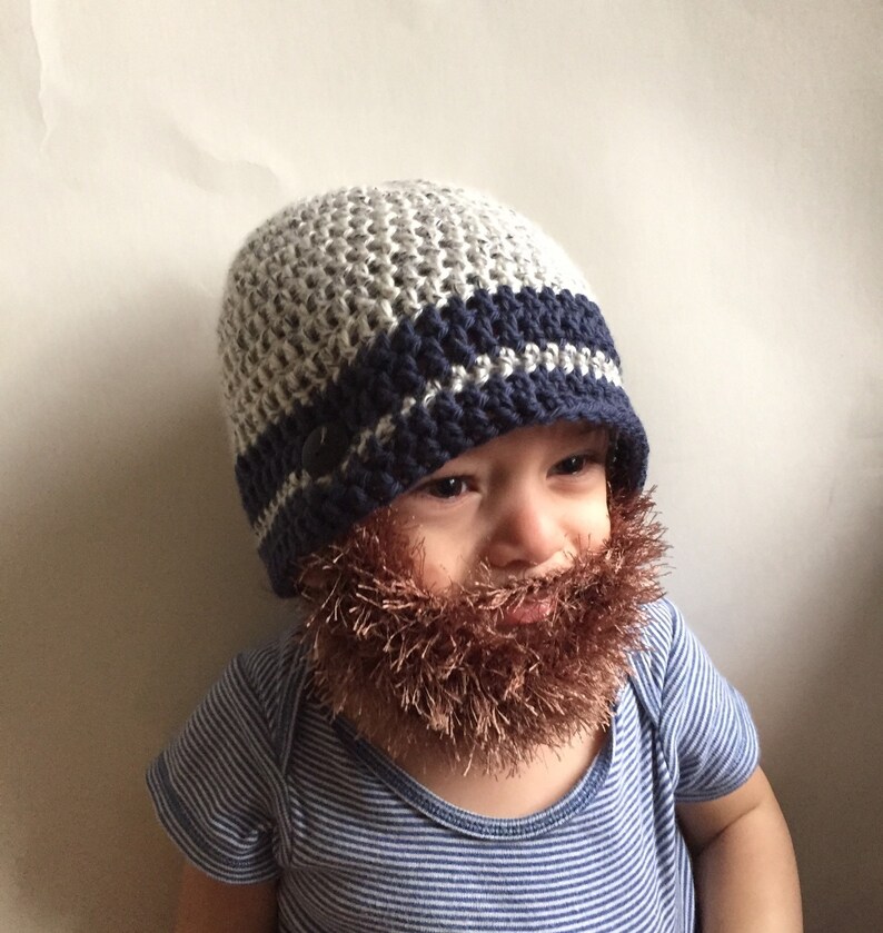coca baby beard hat, Mixed white and navy blue hat with light brown beard hat beard beanie Handmade Crochet Beard hat taupe beard