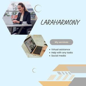 Könnte beinhalten: Hellblaue Grafik mit dem Text "LARAHARMONY". Das Bild zeigt eine Frau, die einen Laptop benutzt, und eine Liste von Dienstleistungen: virtuelle Assistenz, Hilfe bei allen Aufgaben und Social Media. Der Hintergrund hat geometrische Formen.