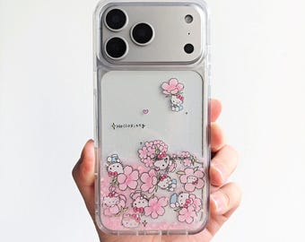 Pink Sakura Quicksand Phone Case,Liquid Glitter Cover for iPhone,Floral White Cat Shell