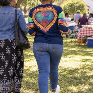 May include: A long-sleeved navy blue shirt featuring a large, vibrant tie-dye heart graphic on the back, paired with blue denim jeans and white trainers. The shirt sleeves also display matching tie-dye patterns in bright rainbow colours.