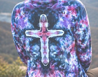 Cross on Front and Back | Ice Dye Long-Sleeve T-Shirt  |  One of a Kind  | Handmade