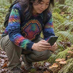 May include: A long-sleeve shirt featuring a dark base with a vibrant, multi-colored tie-dye pattern that includes a central mushroom-shaped design in shades of orange, red, purple, blue, and green, with a crew neckline and ribbed cuffs.