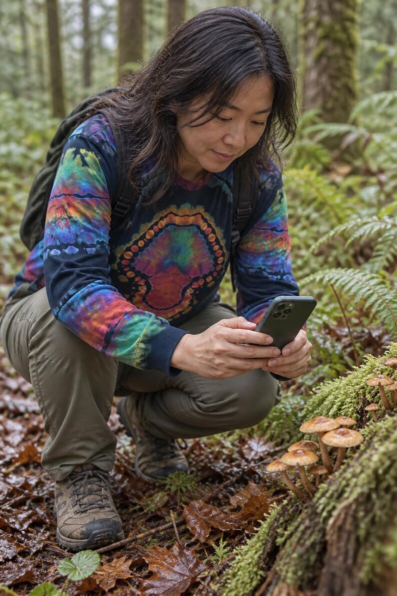 May include: A long-sleeve shirt featuring a dark base with a vibrant, multi-colored tie-dye pattern that includes a central mushroom-shaped design in shades of orange, red, purple, blue, and green, with a crew neckline and ribbed cuffs.