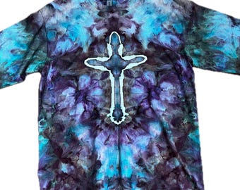 Christian Cross Tie Dye Long Sleeve Shirt, Purple Teal Gildan Large